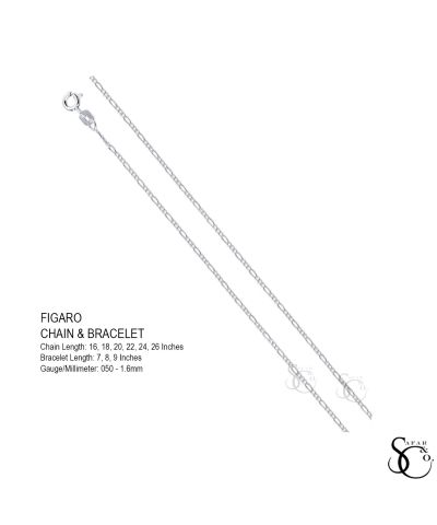 925 Sterling Silver 050 Figaro Link Chain Necklace 16 - 26 Inches